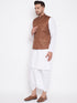 Vastramay Men's Coffee Brown And White Cotton Blend Jacket, Kurta and Dhoti Set